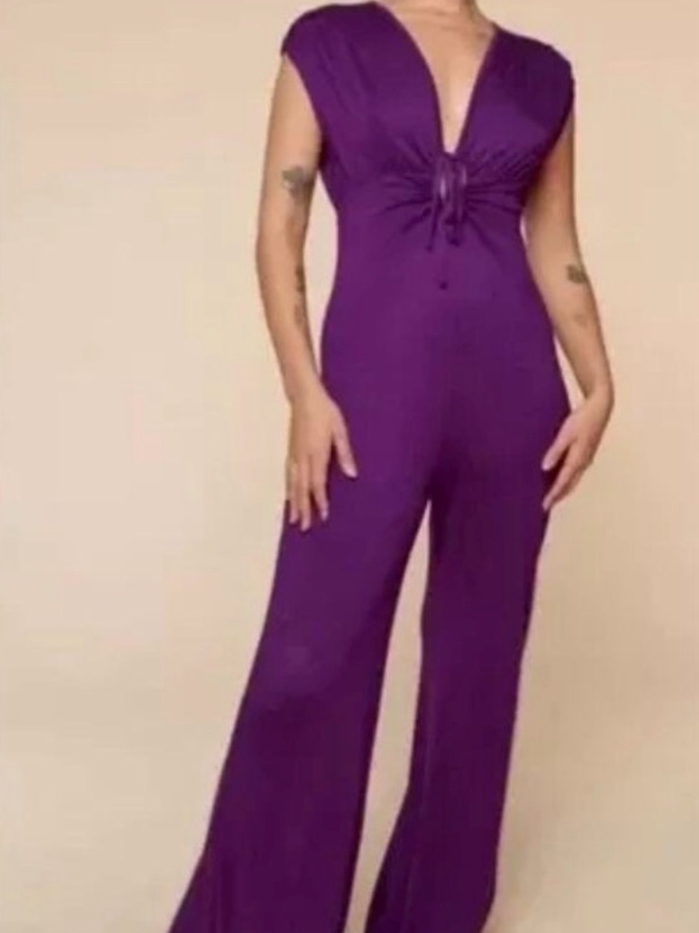 NWT EARTHBOUND TRADING Co Purple Deep V Keyhole Stretch Jumpsuit Tie Back- L